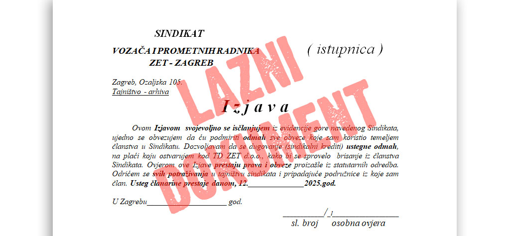 Obavijest članovima - Lažna istupnica
